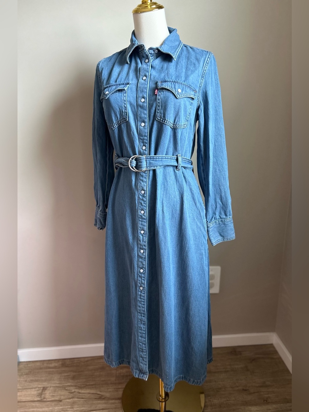 Levis western country stampede Classic Light Blue Denim Shirt Dress Belt rodeo